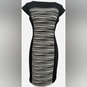 Gabby Skye Black Sheath Dress Cap Sleeve with white and black center strips